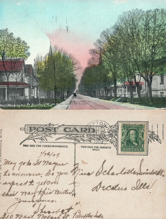BLUFFTON IN W.WASHINGTON STREET 1909 ANTIQUE POSTCARD