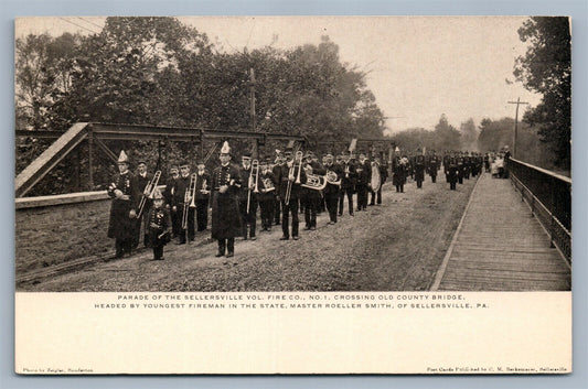 SELLERSVILLE PA FIREFIGHTERS PARADE DOUBLE SIDED ANTIQUE POSTCARD