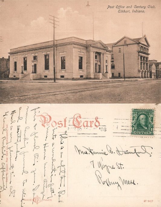 ELKHART IN POST OFFICE & CENTURY CLUB ANTIQUE 1908 POSTCARD