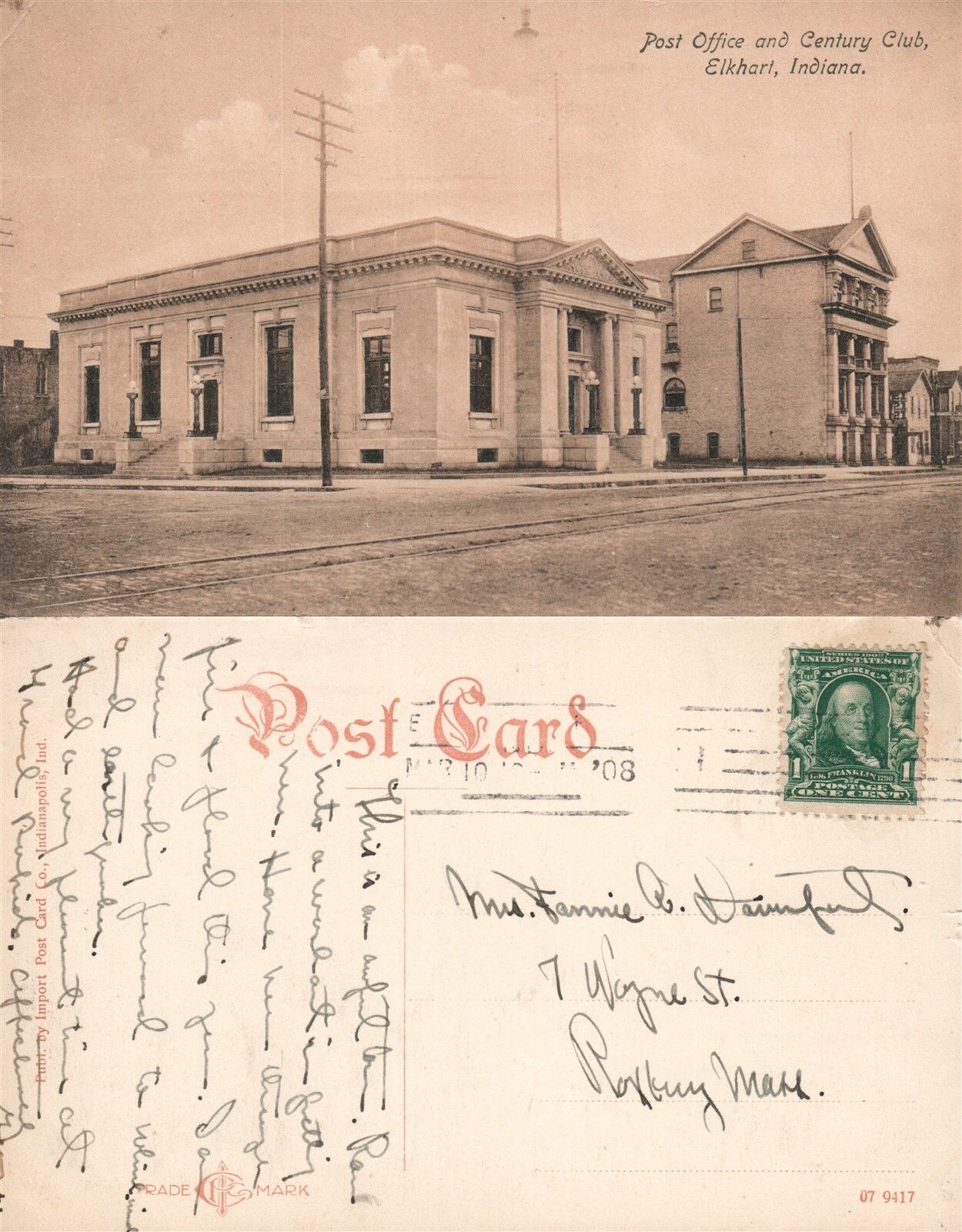 ELKHART IN POST OFFICE & CENTURY CLUB ANTIQUE 1908 POSTCARD