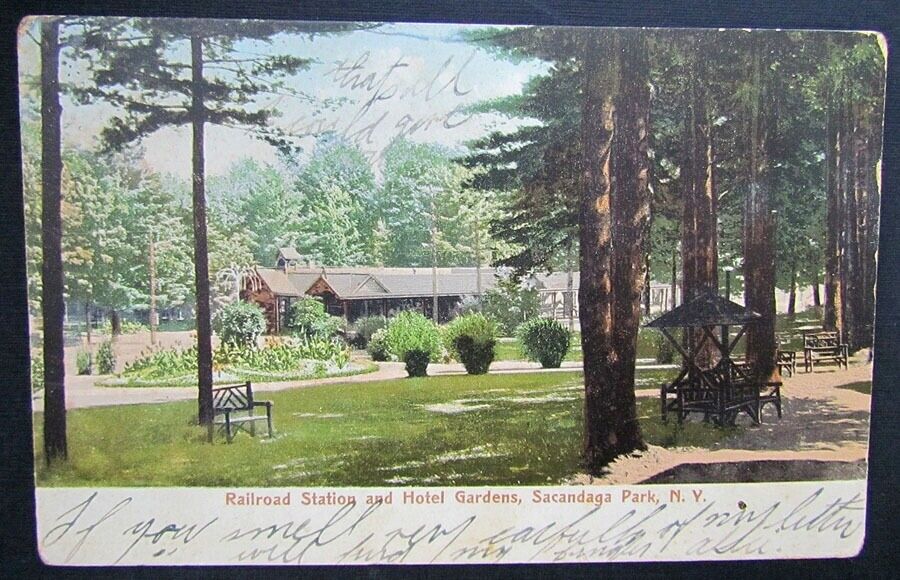 VINTAGE 1906 POSTCARD RAILROAD STATION SACANDAGA PARK NY RAILWAY TRAIN