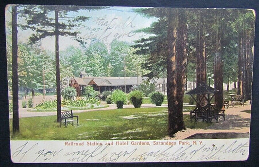 VINTAGE 1906 POSTCARD RAILROAD STATION SACANDAGA PARK NY RAILWAY TRAIN