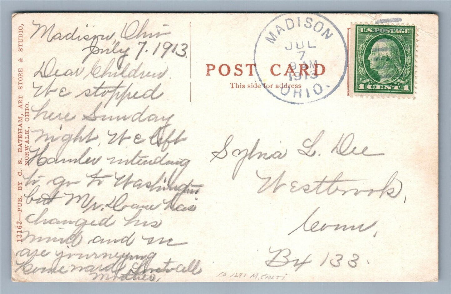 NORWALK OH WEST MAIN STREET CORNER PLEASANT STR. 1913 ANTIQUE POSTCARD