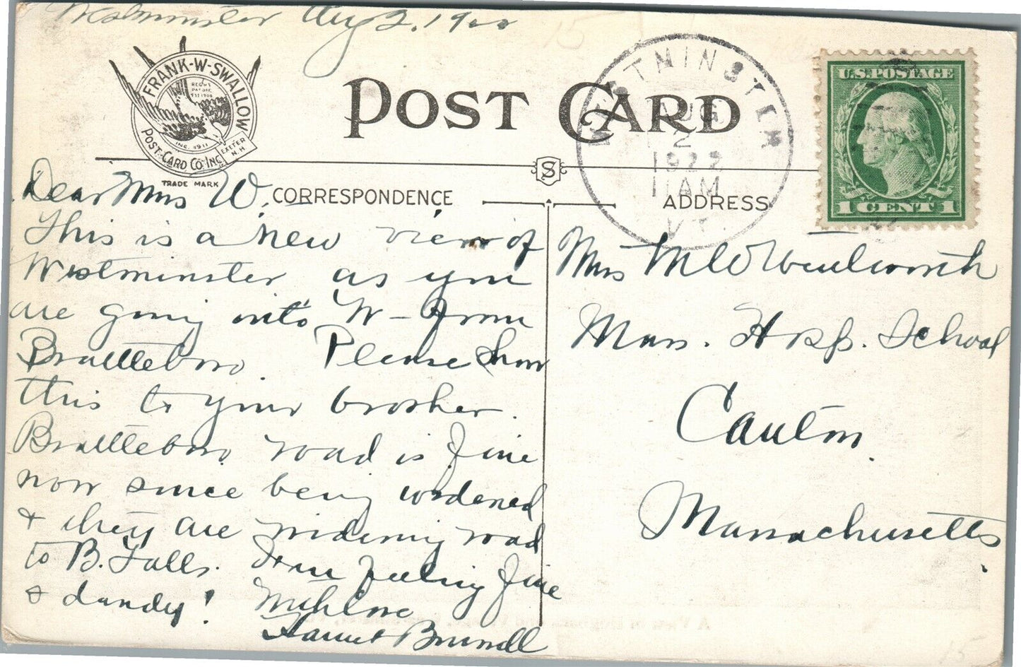 WESTMINSTER VT GENERAL VIEW ANTIQUE POSTCARD