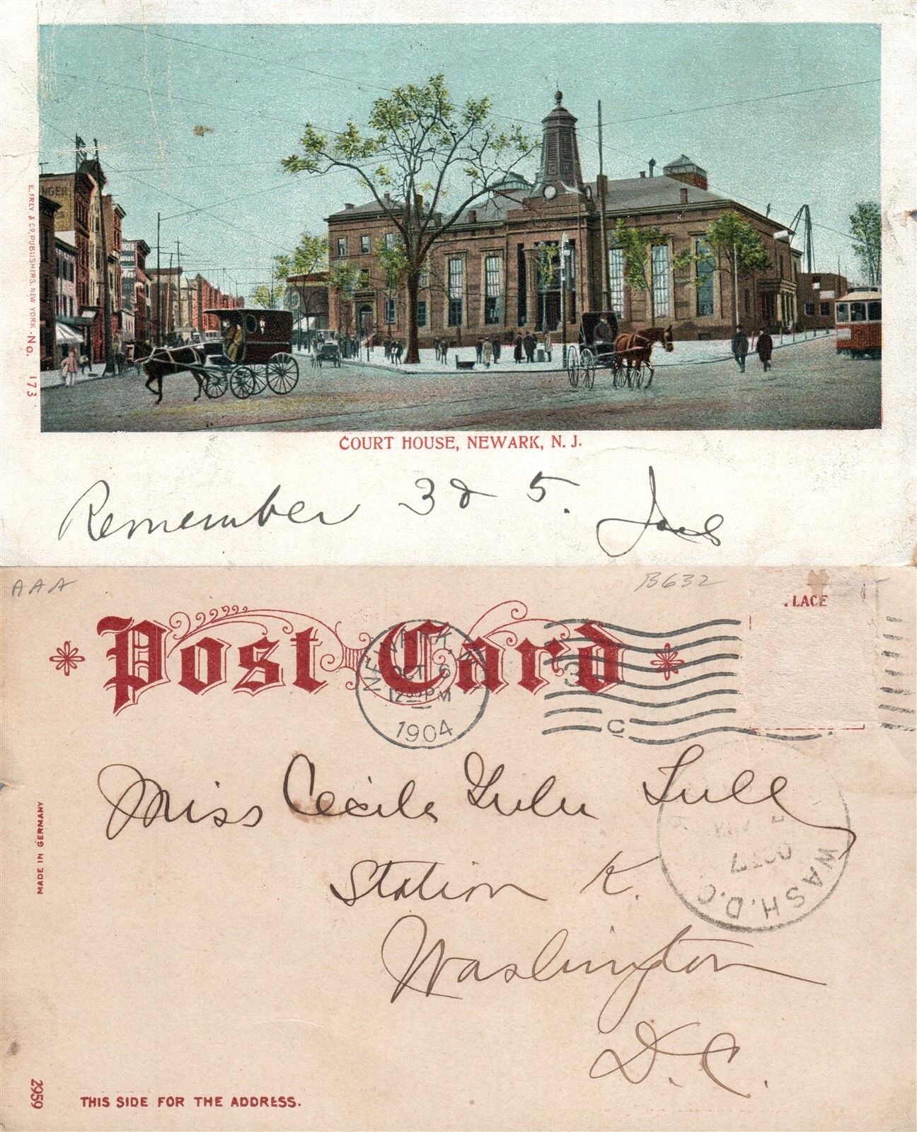 NEWARK N.J. COURT HOUSE 1904 UNDIVIDED ANTIQUE POSTCARD