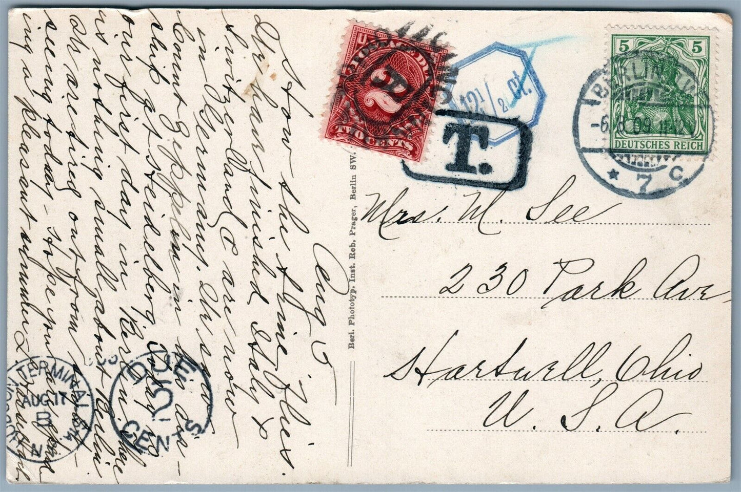 BERLIN GERMANY BRANDERBURGER TOR 1909 ANTIQUE POSTCARD w/ STAMPS