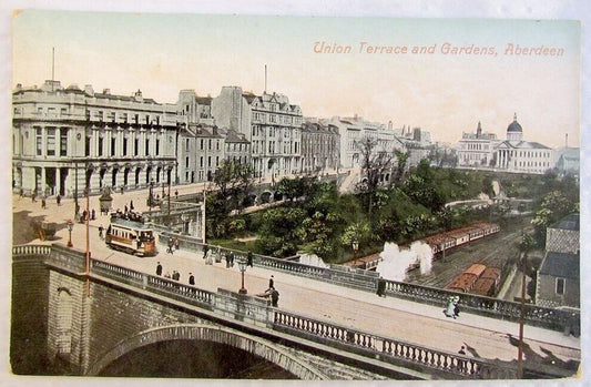 ANTIQUE POSTCARD UNION TERRACE & GARDENS ABERDEEN SCOTLAND UK railroad railway