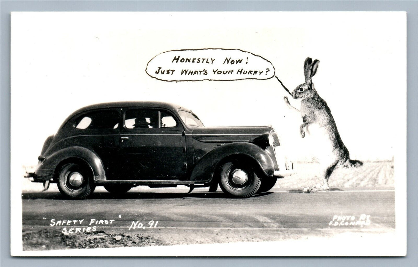 EXAGGERATED JACK RABBIT STOPPING CAR VINTAGE REAL PHOTO POSTCARD RPPC
