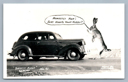 EXAGGERATED JACK RABBIT STOPPING CAR VINTAGE REAL PHOTO POSTCARD RPPC