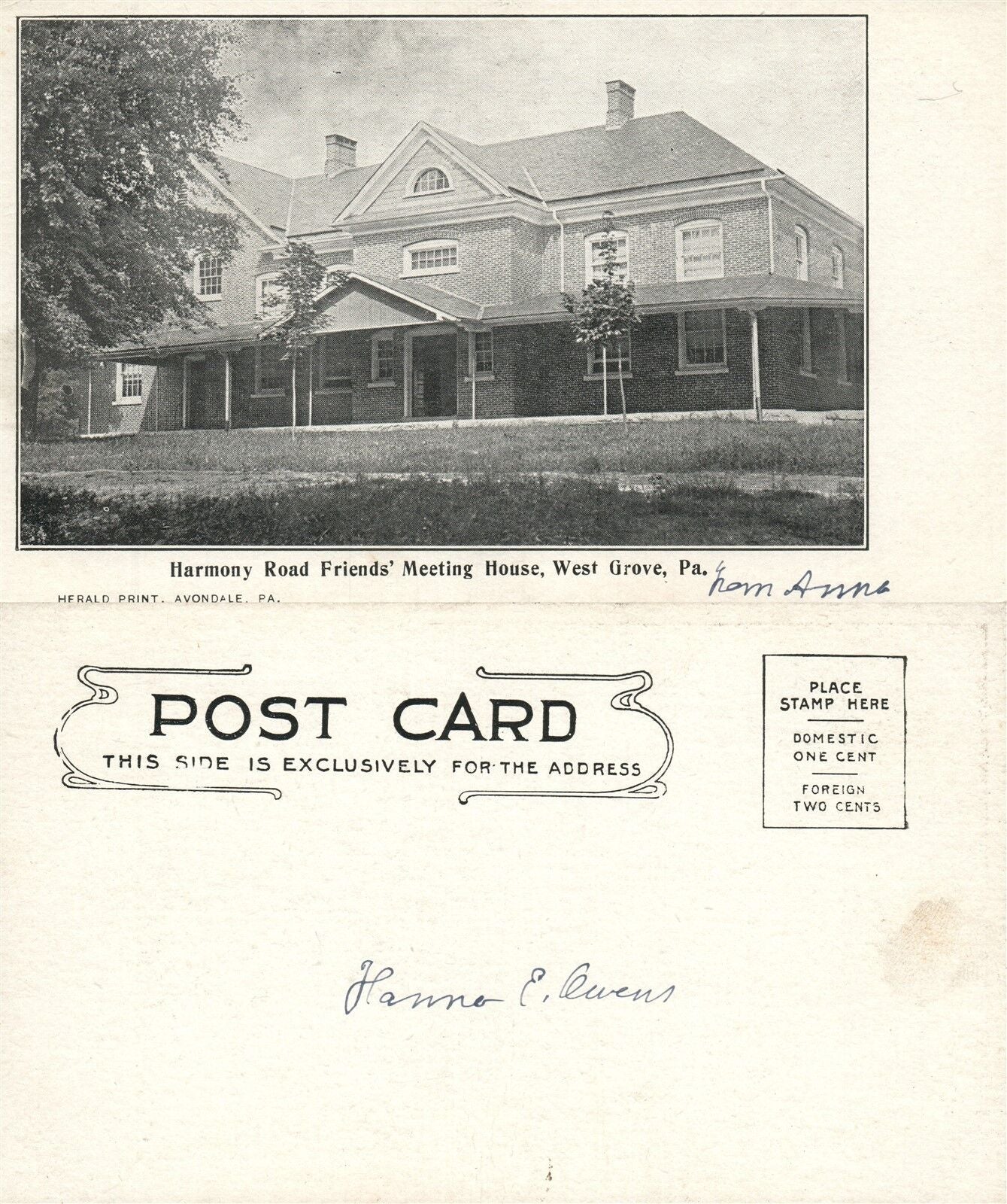 WEST GROVE PA HARMONY ROAD FRIENDS' MEETING HOUSE UNDIVIDED ANTIQUE POSTCARD