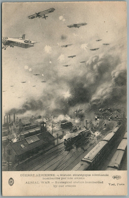WWI AERIAL WAR RAILROAD STATION BOMBING FRENCH ANTIQUE POSTCARD