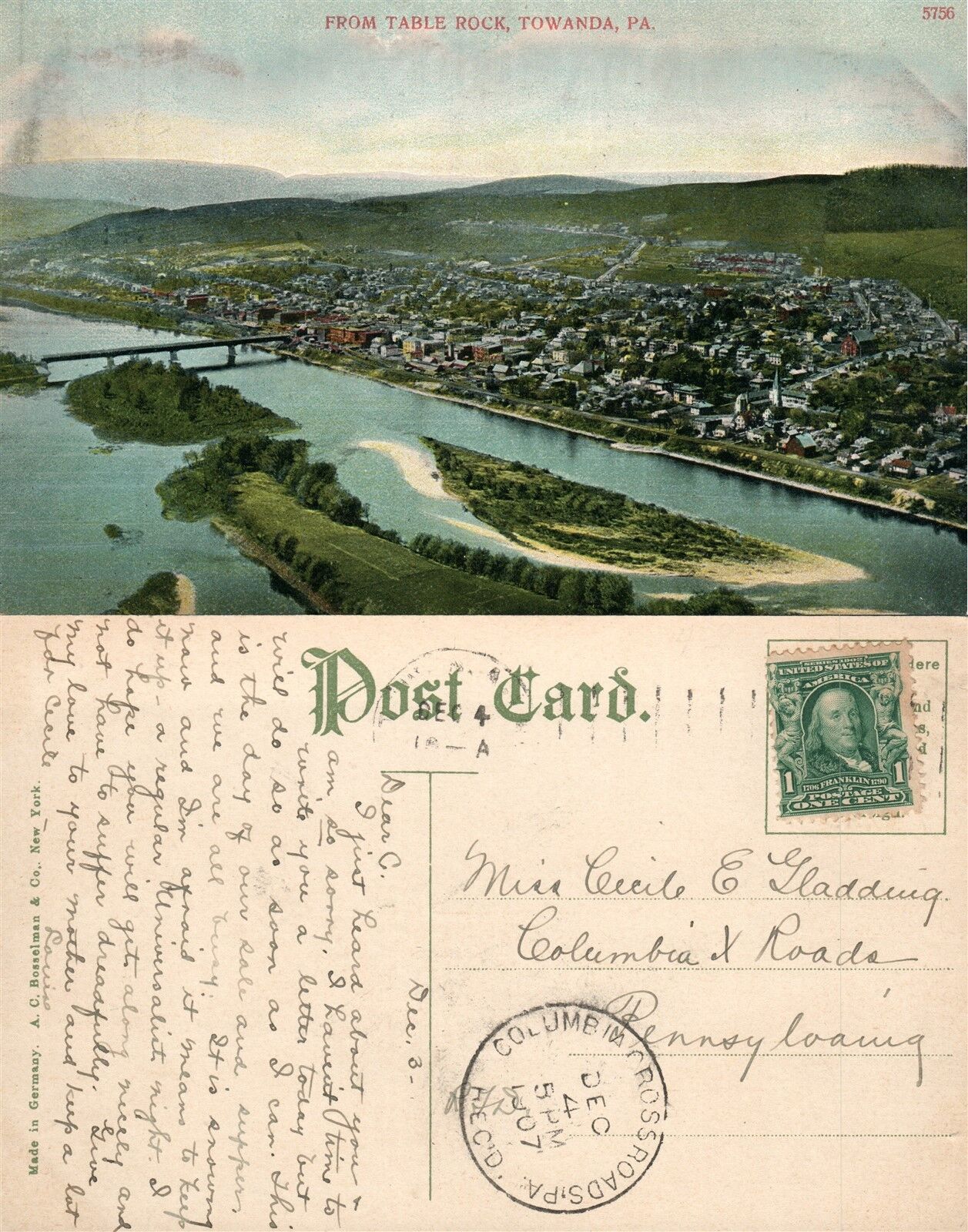 TOWANDA PA FROM TABLE ROCK 1907 ANTIQUE POSTCARD