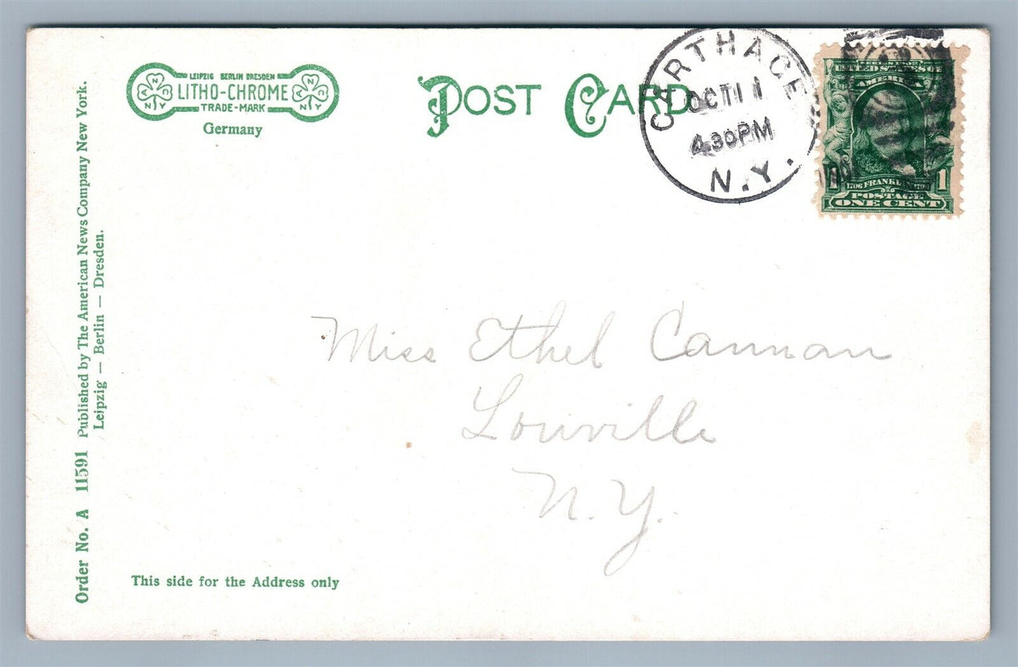 CARTHAGE NY STATE BRIDGE ANTIQUE POSTCARD w/ CORK CANCEL