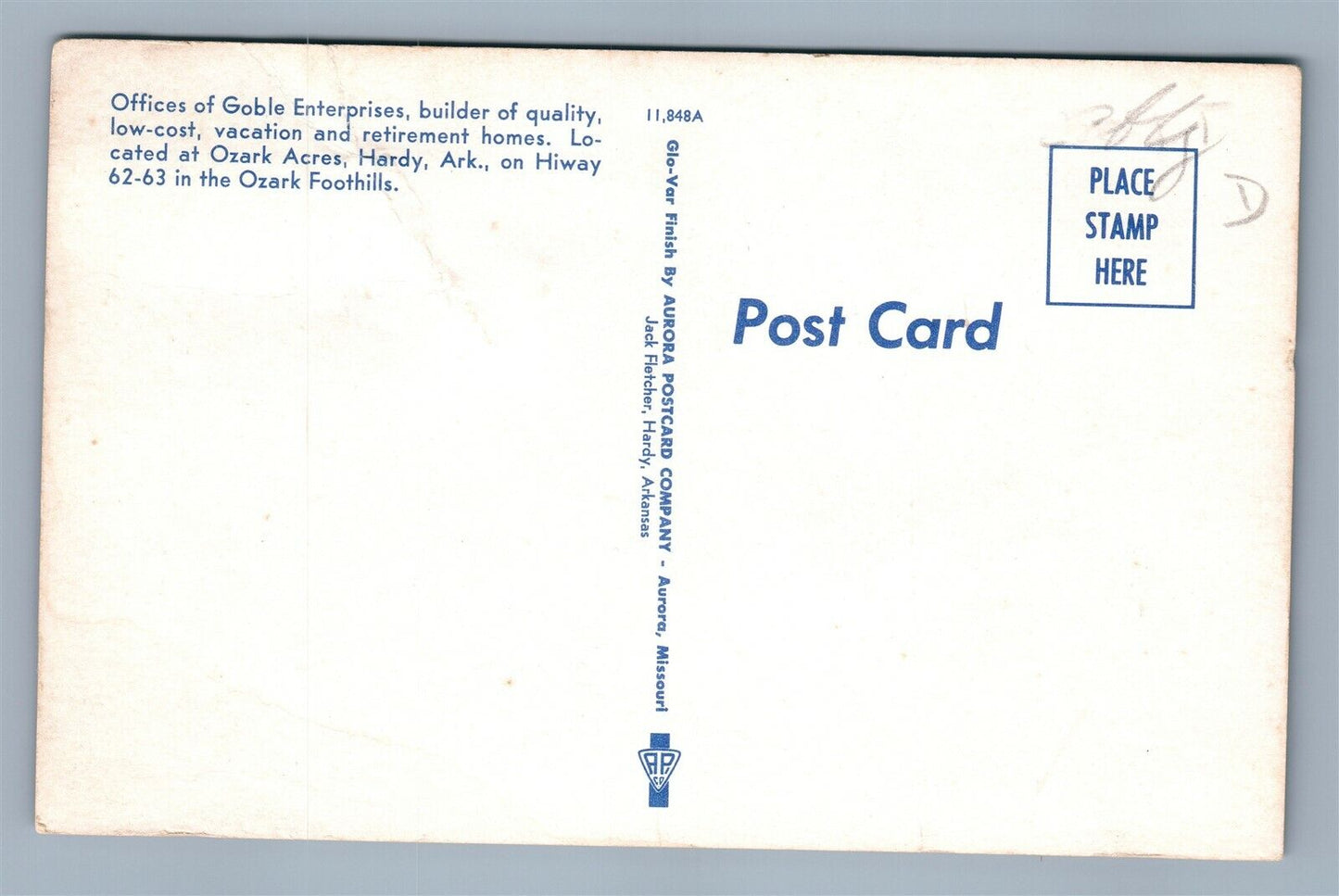 HARDY AR GOBLE ENTERPRISES VACATION HOMES VINTAGE POSTCARD