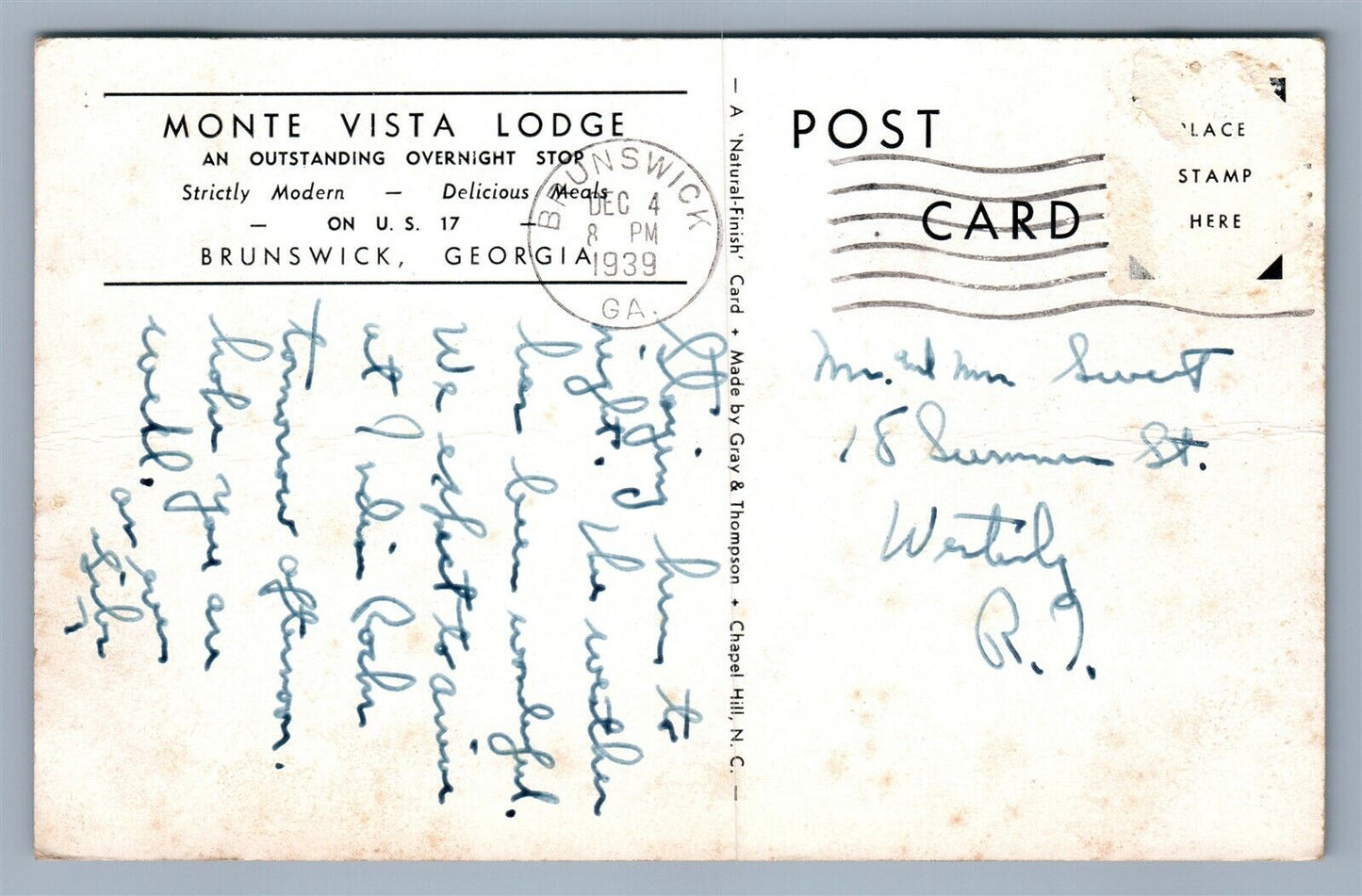 BRUNSWICK GA MONTE VISTA LODGE on U.S. No. 17 ANTIQUE POSTCARD