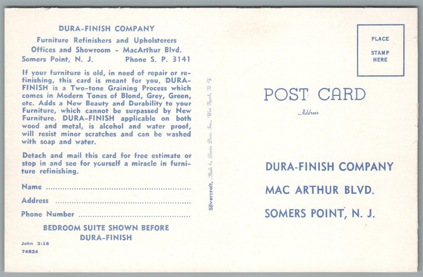 SOMERS POINT NJ DURA FINISH FURNITURE COMPANY ADVERTISING ANTIQUE POSTCARD