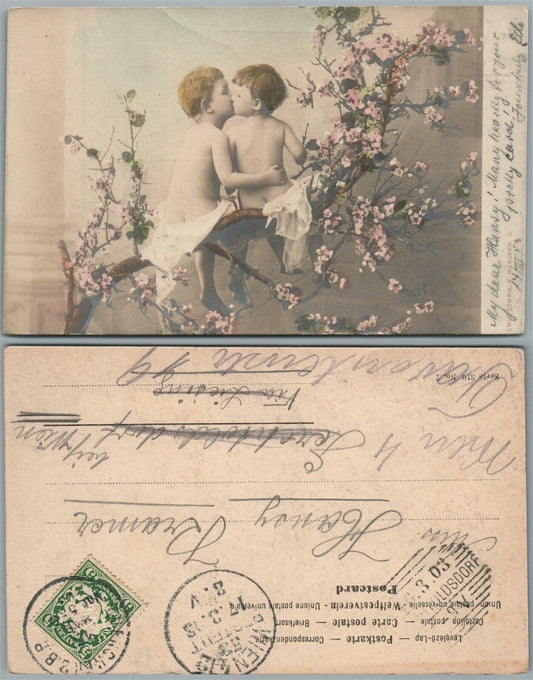 KIDS KISSING ROMANTIC GERMAN ANTIQUE REAL PHOTO POSTCARD RPPC w/ BAVARIAN STAMP