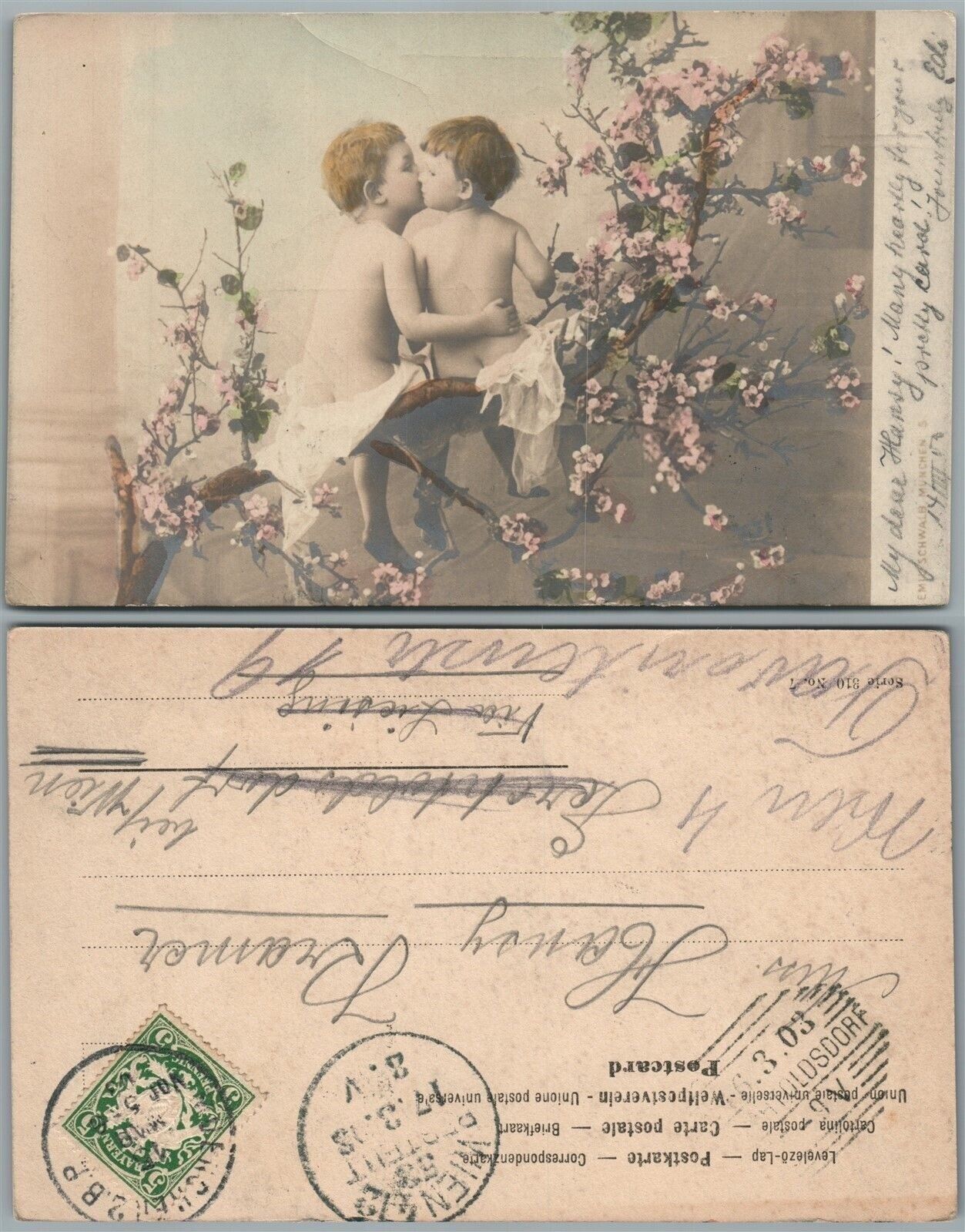 KIDS KISSING ROMANTIC GERMAN ANTIQUE REAL PHOTO POSTCARD RPPC w/ BAVARIAN STAMP