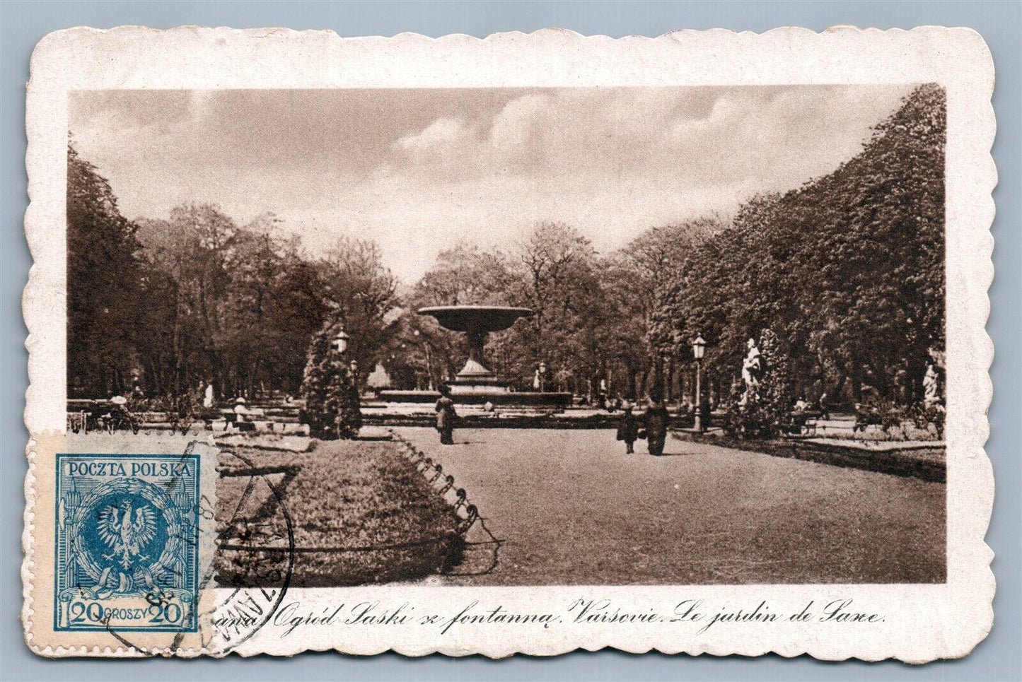 WARSAW POLAND SAXON GARDEN ANTIQUE POSTCARD WARSZAWA OGROD SASKI w/ STAMP