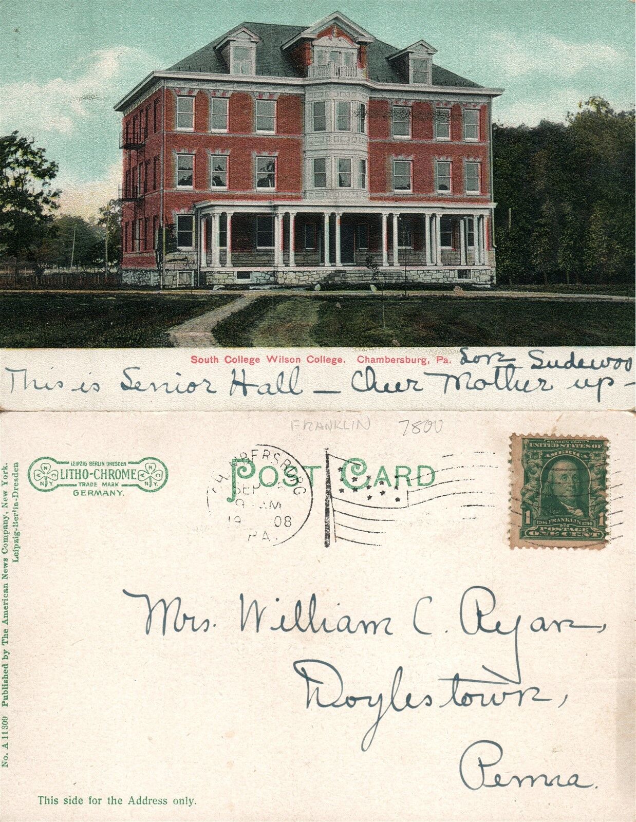 CHAMBERSBURG PA WILSON COLLEGE SOUTH COLLEGE 1908 UNDIVIDED ANTIQUE POSTCARD