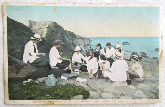 PICNIC ON BEACH Y.W.C.A. SUMMER CAMP CONANICUT PARK R.I. ANTIQUE POSTCARD