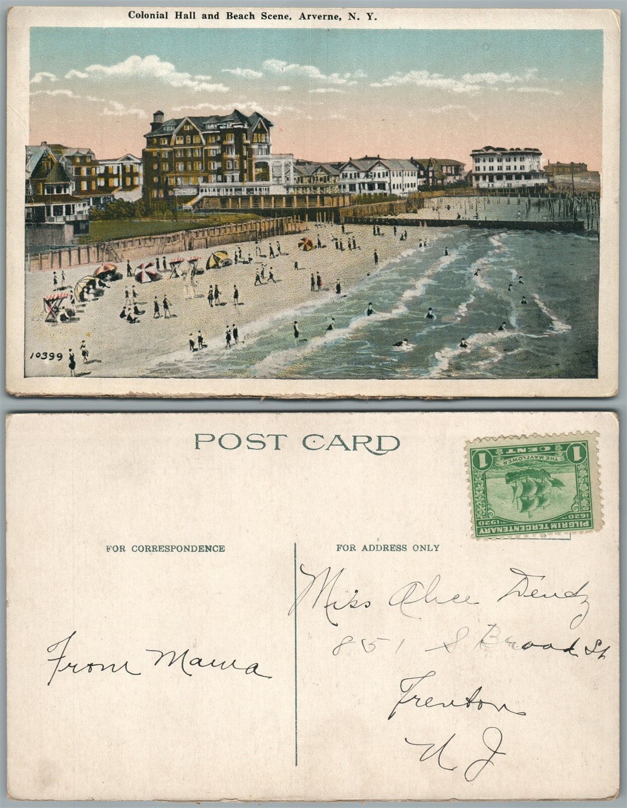 ARVERNE N.Y. COLONIAL HALL & BEACH SCENE ANTIQUE POSTCARD