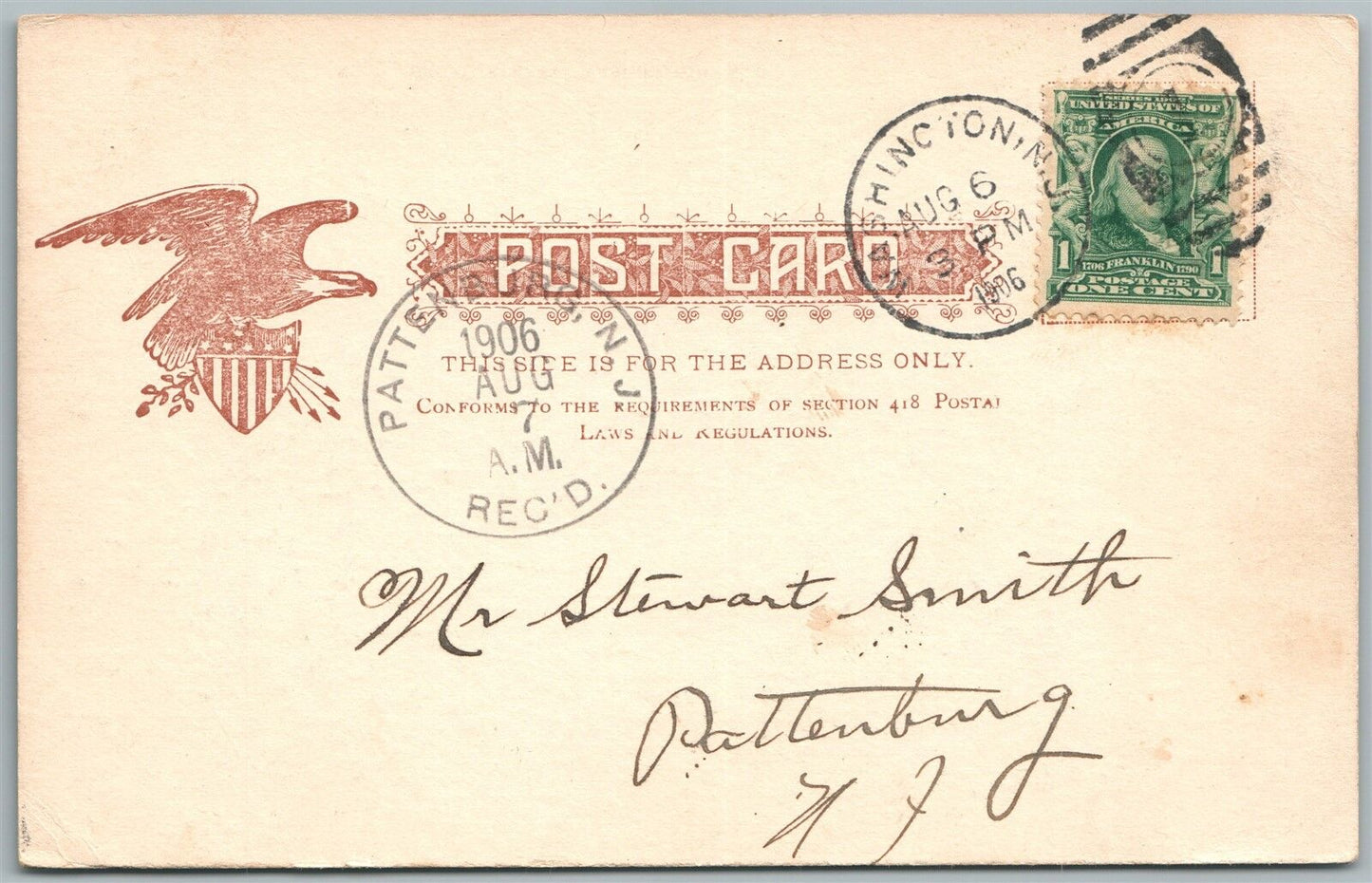 WASHINGTON NJ BROAD STREET 1906 UNDIVIDED ANTIQUE POSTCARD w/ CORK CANCEL