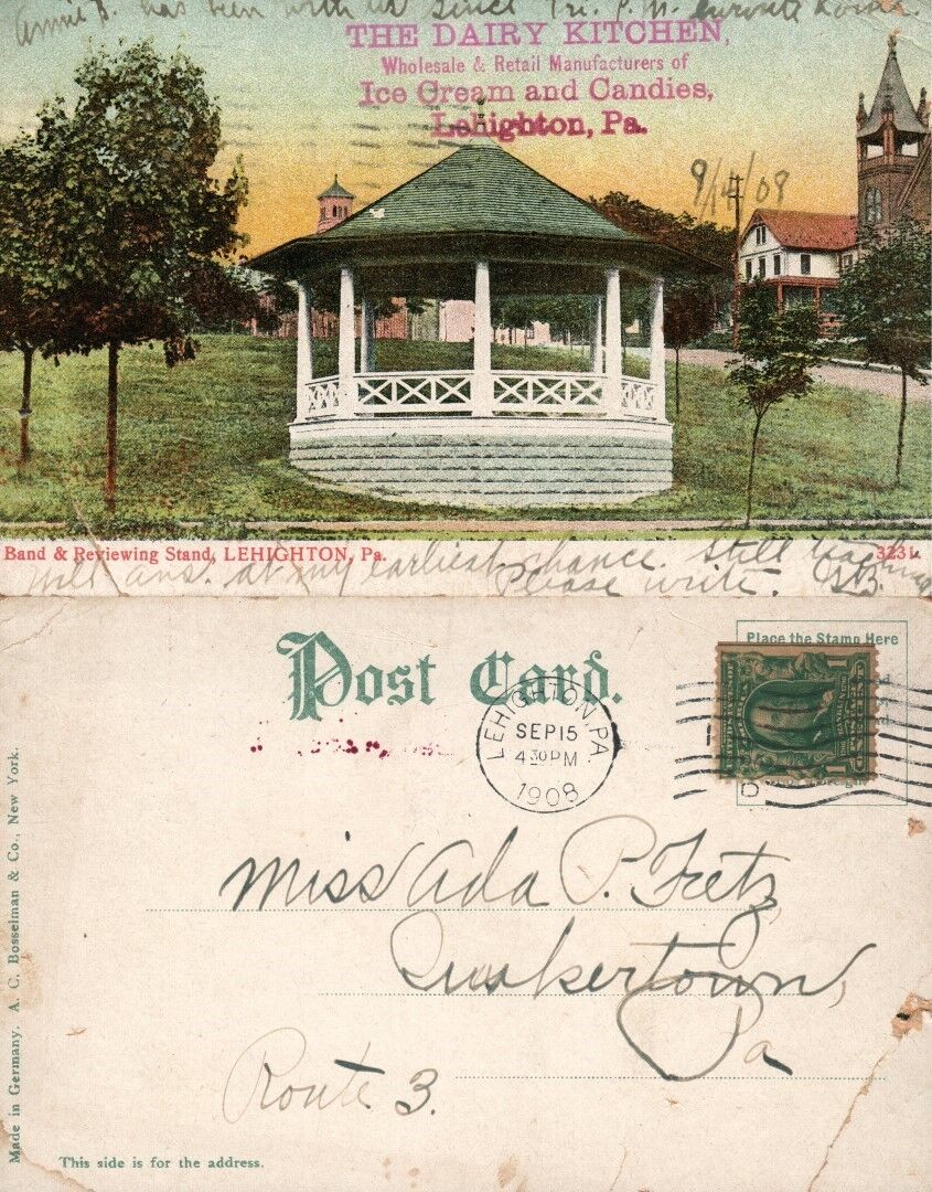 LEHIGHTON PA DAIRY KITCHEN ADVERTISING UNDIVIDED 1908 ANTIQUE POSTCARD