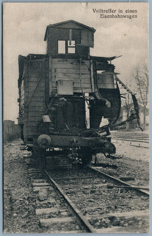 GERMAN WWI FELDPOSTKARTE ANTIQUE POSTCARD DESTROYED RAILROAD CAR railway train