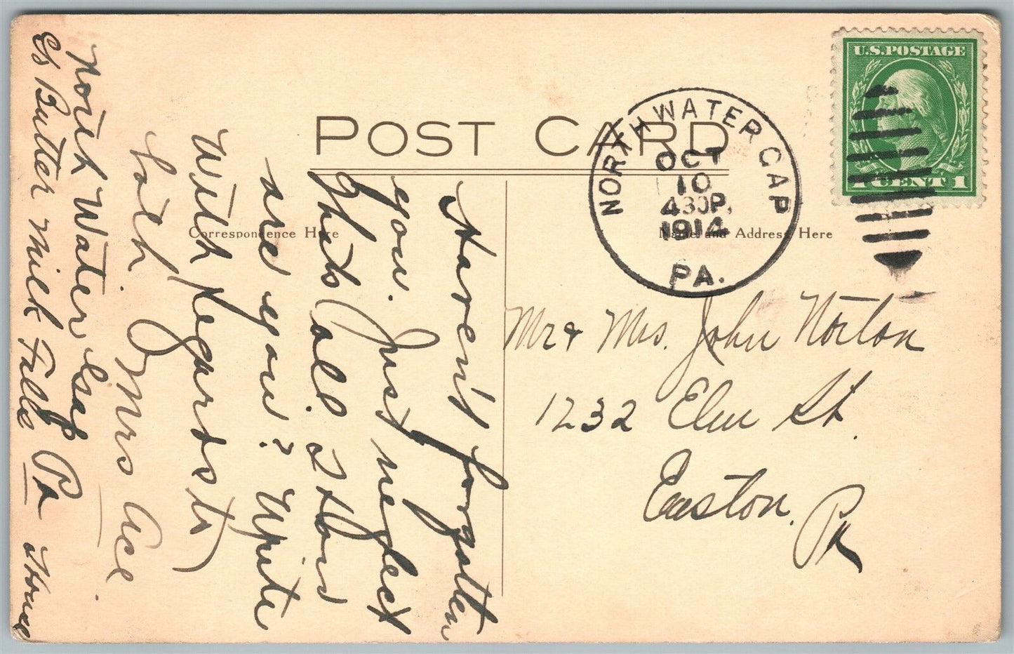 NORTH WATER GAP PA SILVER LAKE 1914 ANTIQUE POSTCARD w/ CORK CANCEL