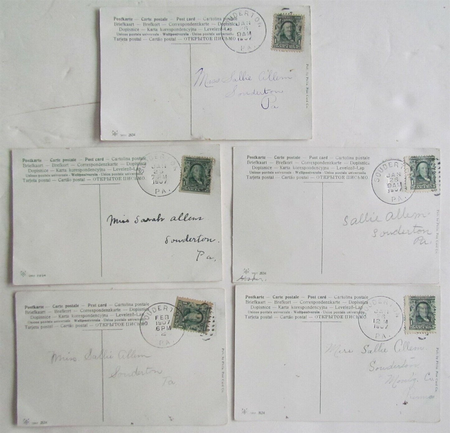 SOUDERTON PA GREETINGS LOT OF 5 1907 ANTIQUE POSTCARDS
