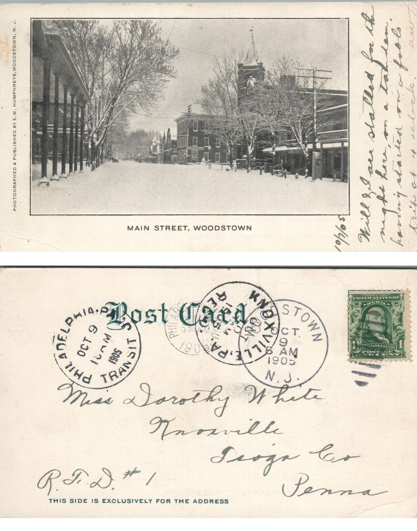 ANTIQUE 1905 UNDIVIDED POSTCARD MAIN STREET WOODSTOWN N.J.