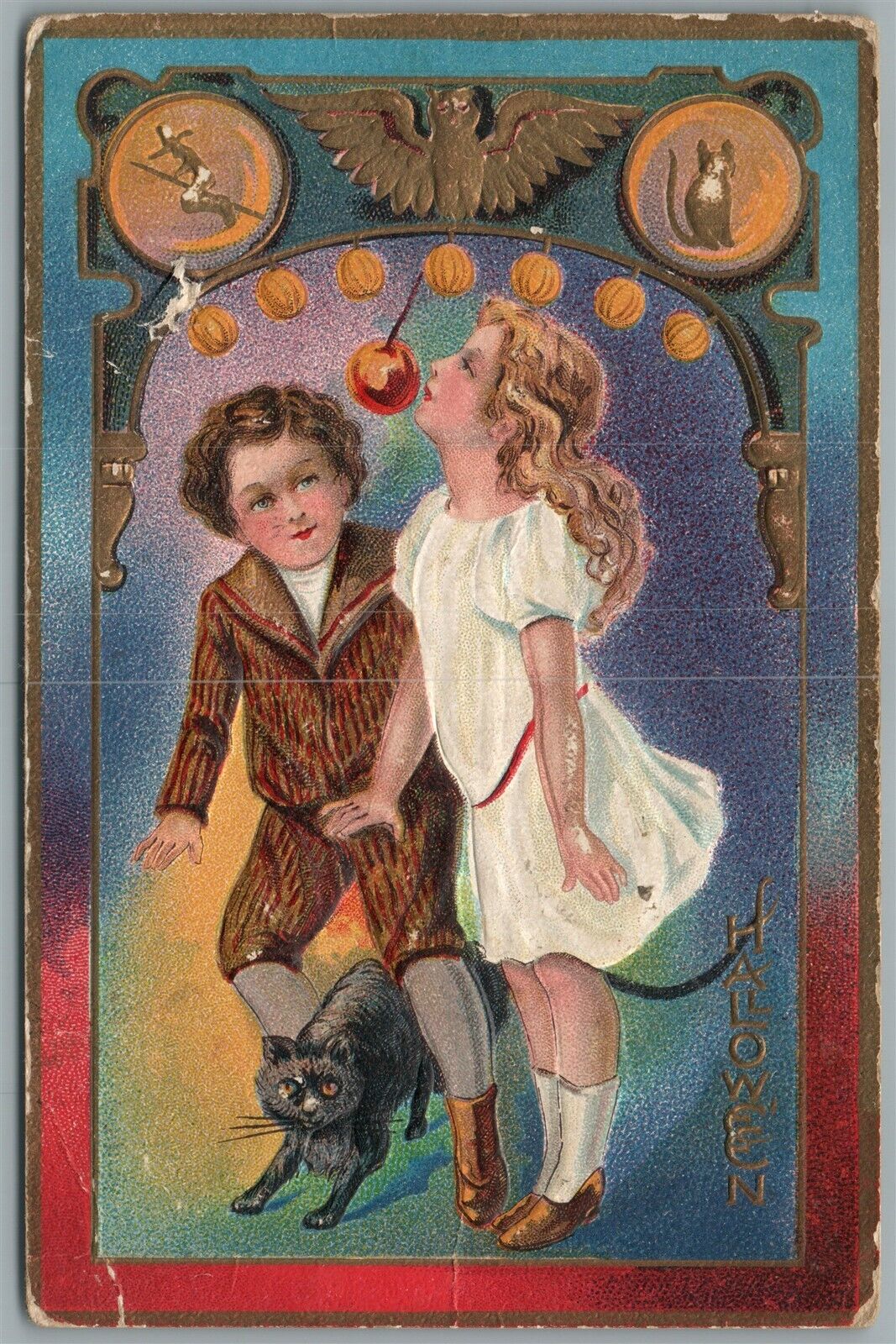 HALLOWEEN GREETINGS KIDS w/ BLACK CAT ANTIQUE EMBOSSED POSTCARD