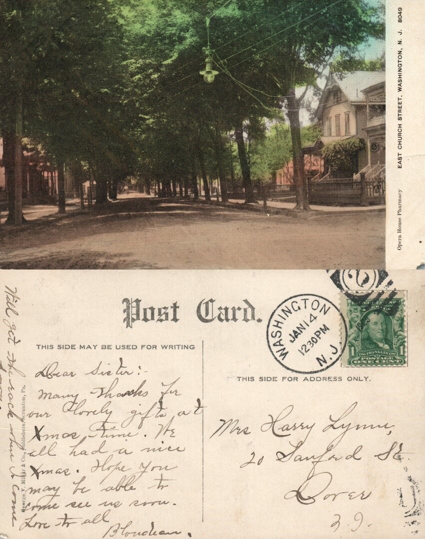 WASHINGTON N.J. EAST CHURCH STREET ANTIQUE POSTCARD CORK CANCEL