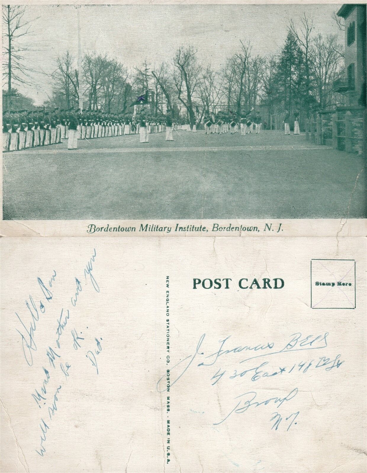BORDENTOWN N.J. MILITARY INSTITUTE ANTIQUE POSTCARD