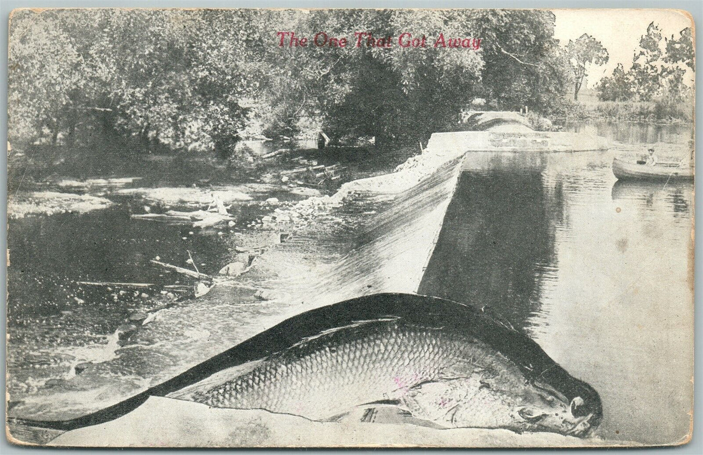 EXAGGERATED FISHING ANTIQUE POSTCARD THE ONE THAT GOT AWAY