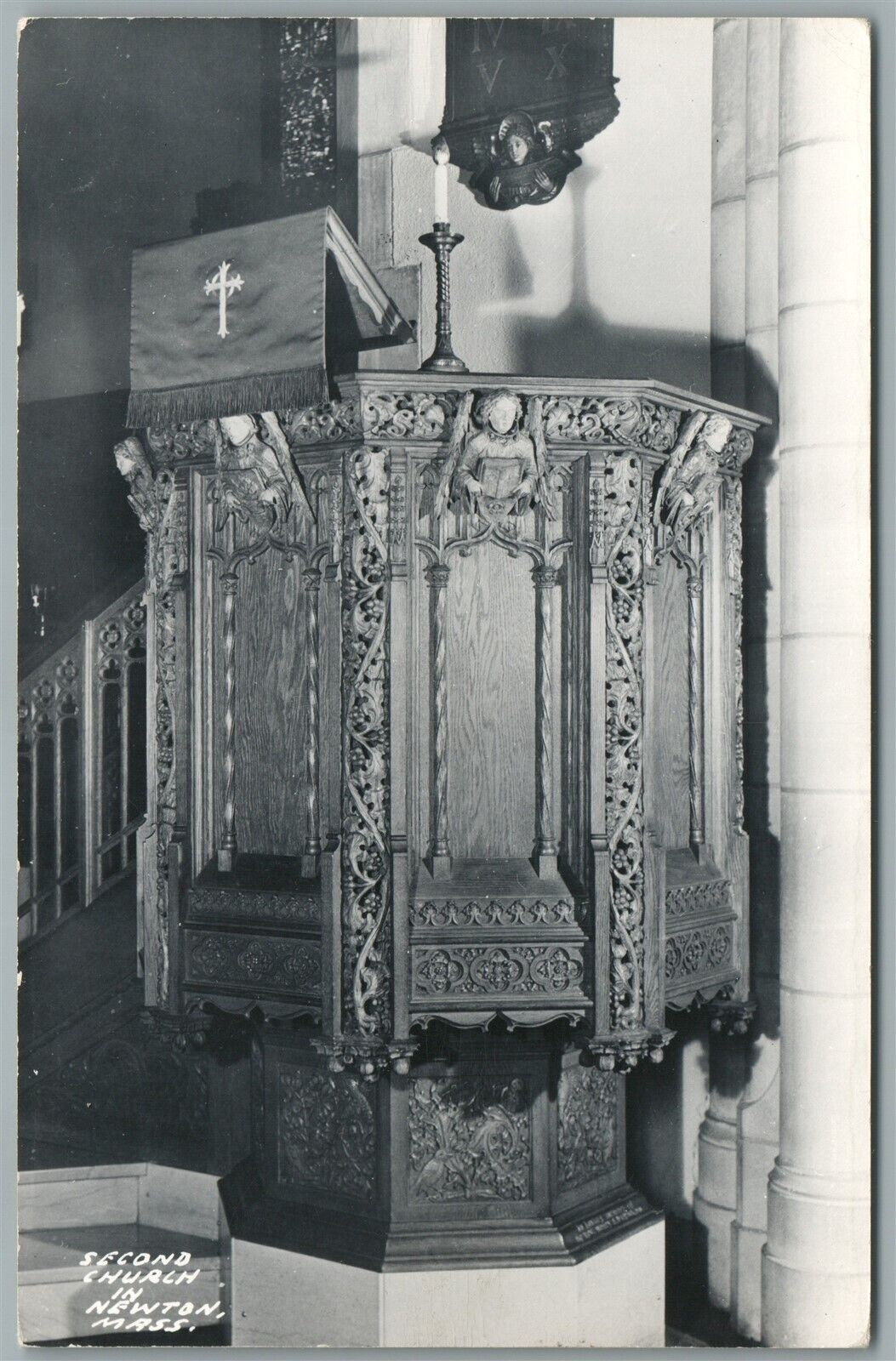 NEWTON MA SECOND CHURCH INTERIOR ANTIQUE REAL PHOTO POSTCARD RPPC