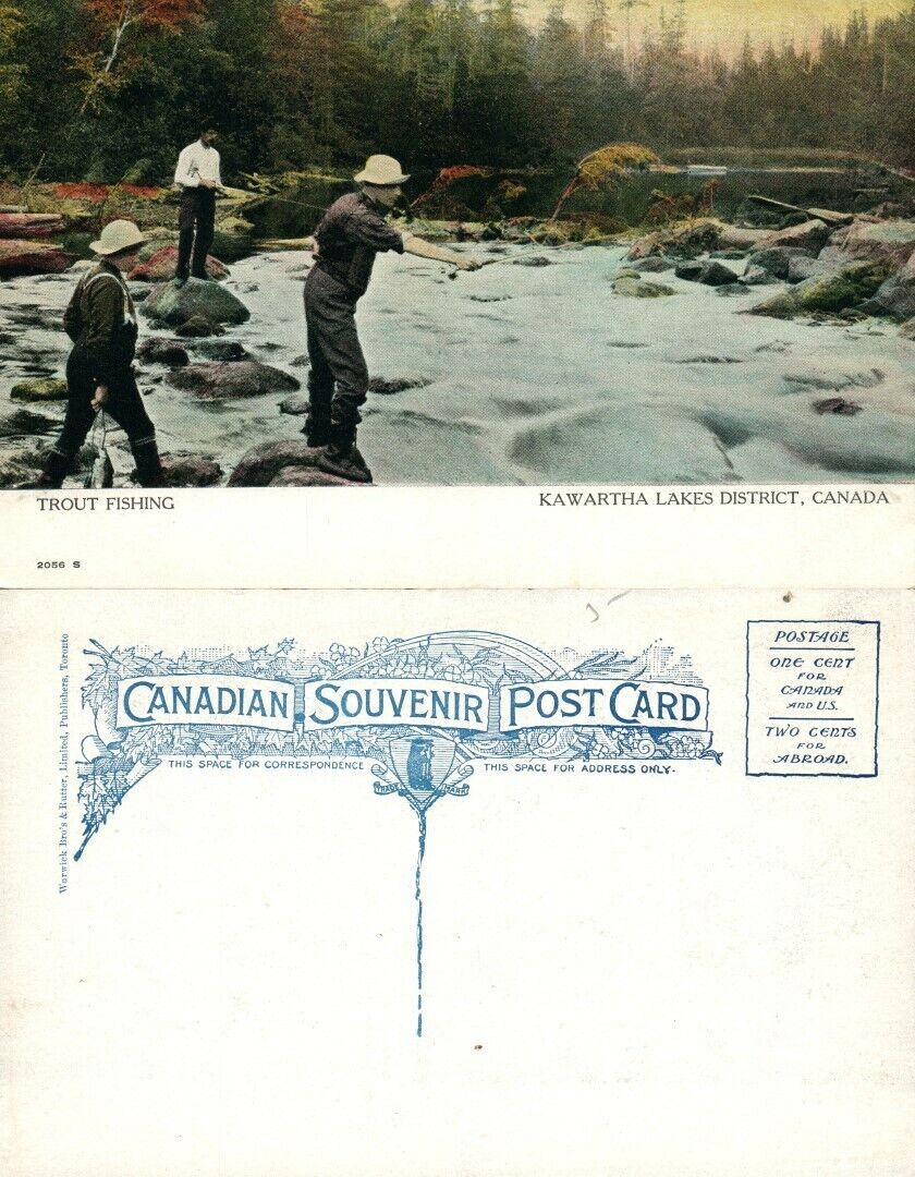 KAWARTHA LAKES DISTRICT CANADA TROUT FISHING ANTIQUE POSTCARD