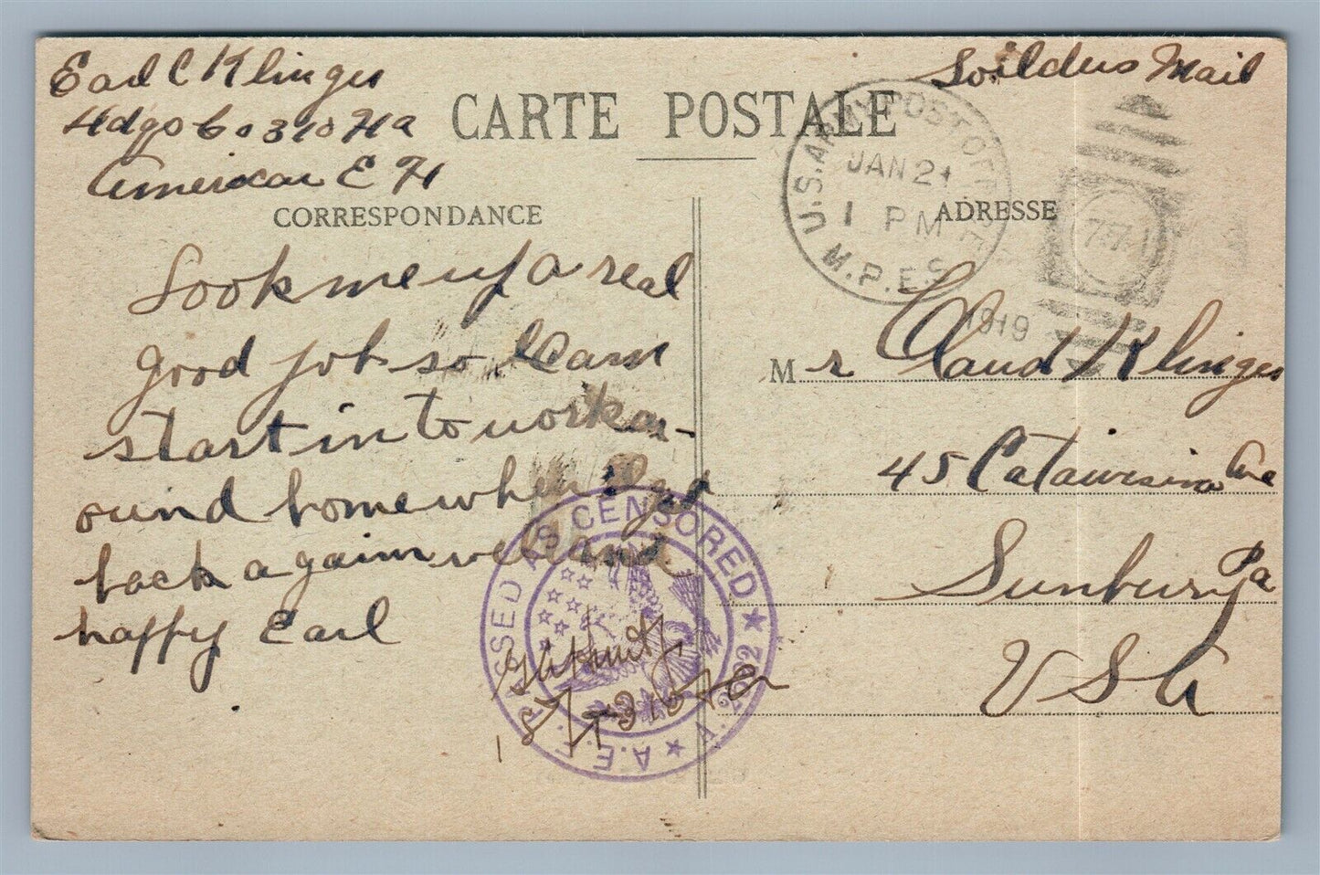 CIMECOURT MEUSE FRANCE WWI CENSORED 1919 ANTIQUE POSTCARD