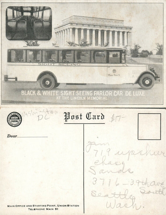 WASHINGTON D.C. BLACK & WHITE SIGHT SEEING PARLOR CAR ANTIQUE POSTCARD