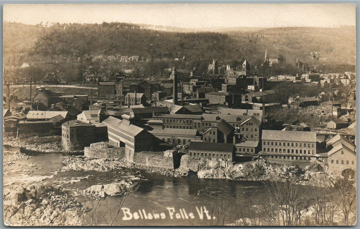 BELLOW FALLS VT BIRDS EYE VIEW ANTIQUE REAL PHOTO POSTCARD RPPC