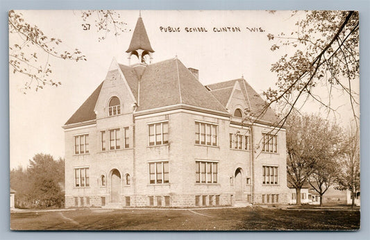 CLINTON WI PUBLIC SCHOOL ANTIQUE REAL PHOTO POSTCARD RPPC w/ CORK CANCEL