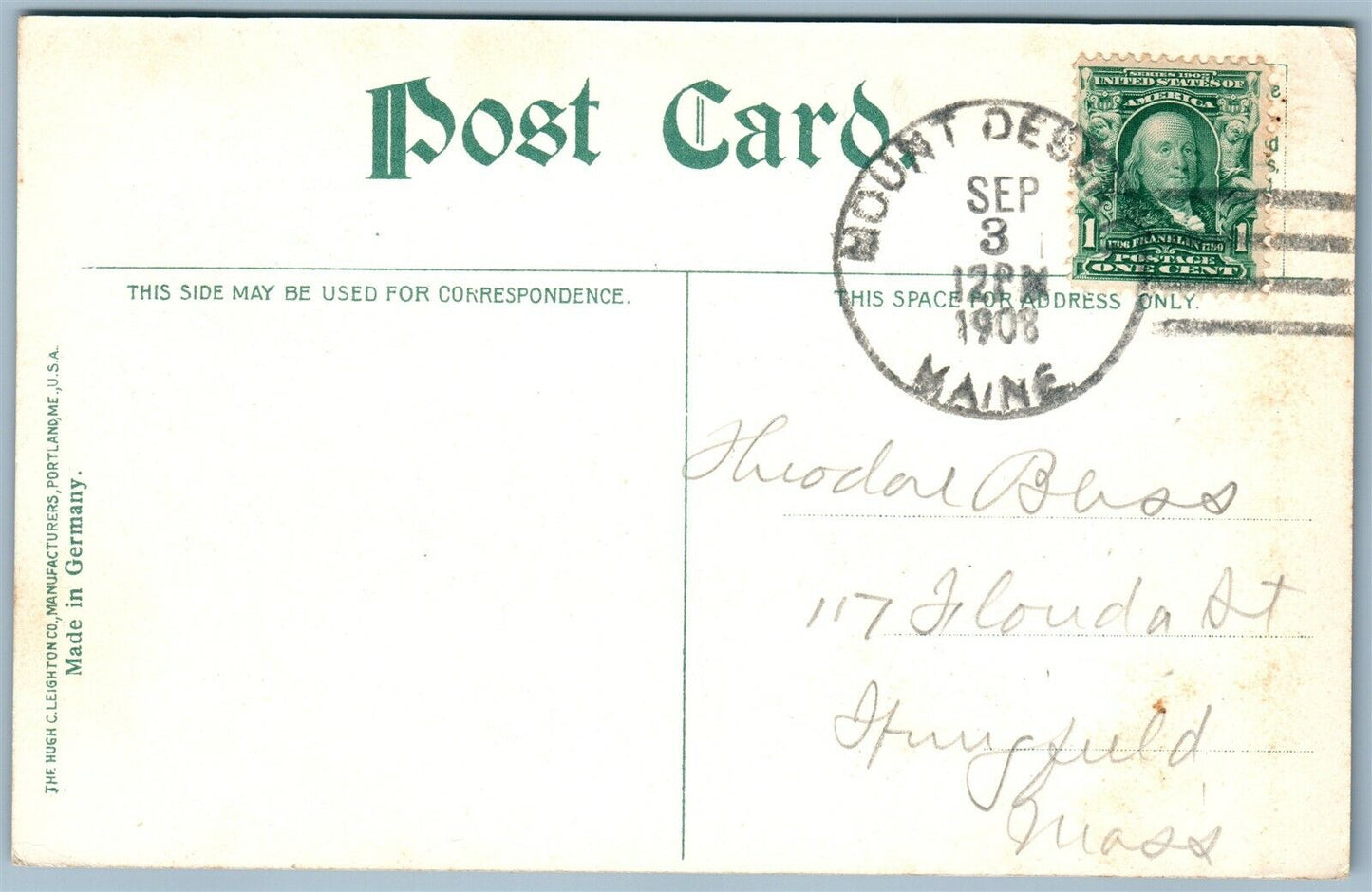 SOMERVILLE ME 1908 ANTIQUE POSTCARD