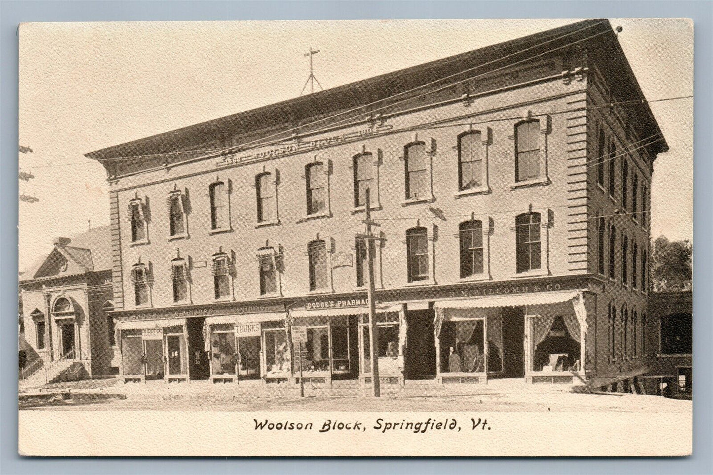 SPRINGFIELD VT WOOLSON BLOCK UNDIVIDED ANTIQUE POSTCARD