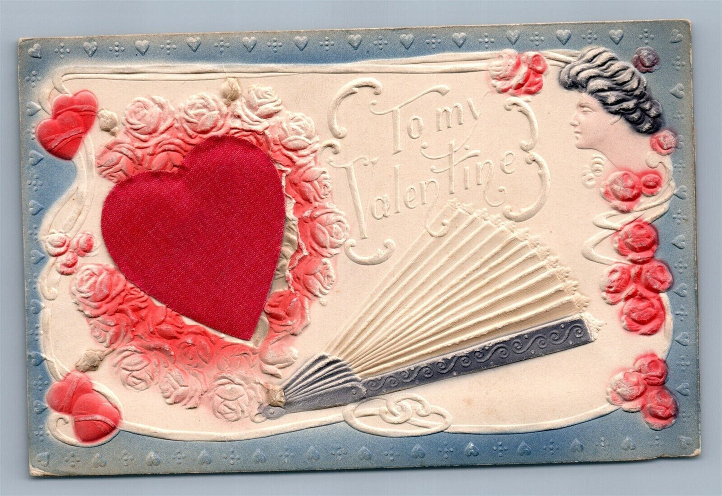 VALENTINE ANTIQUE EMBOSSED POSTCARD LADY w/ FAN