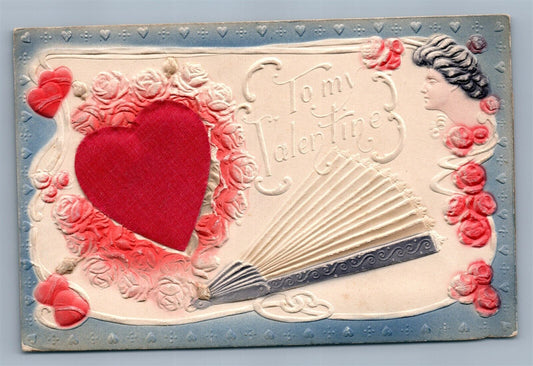 VALENTINE ANTIQUE EMBOSSED POSTCARD LADY w/ FAN