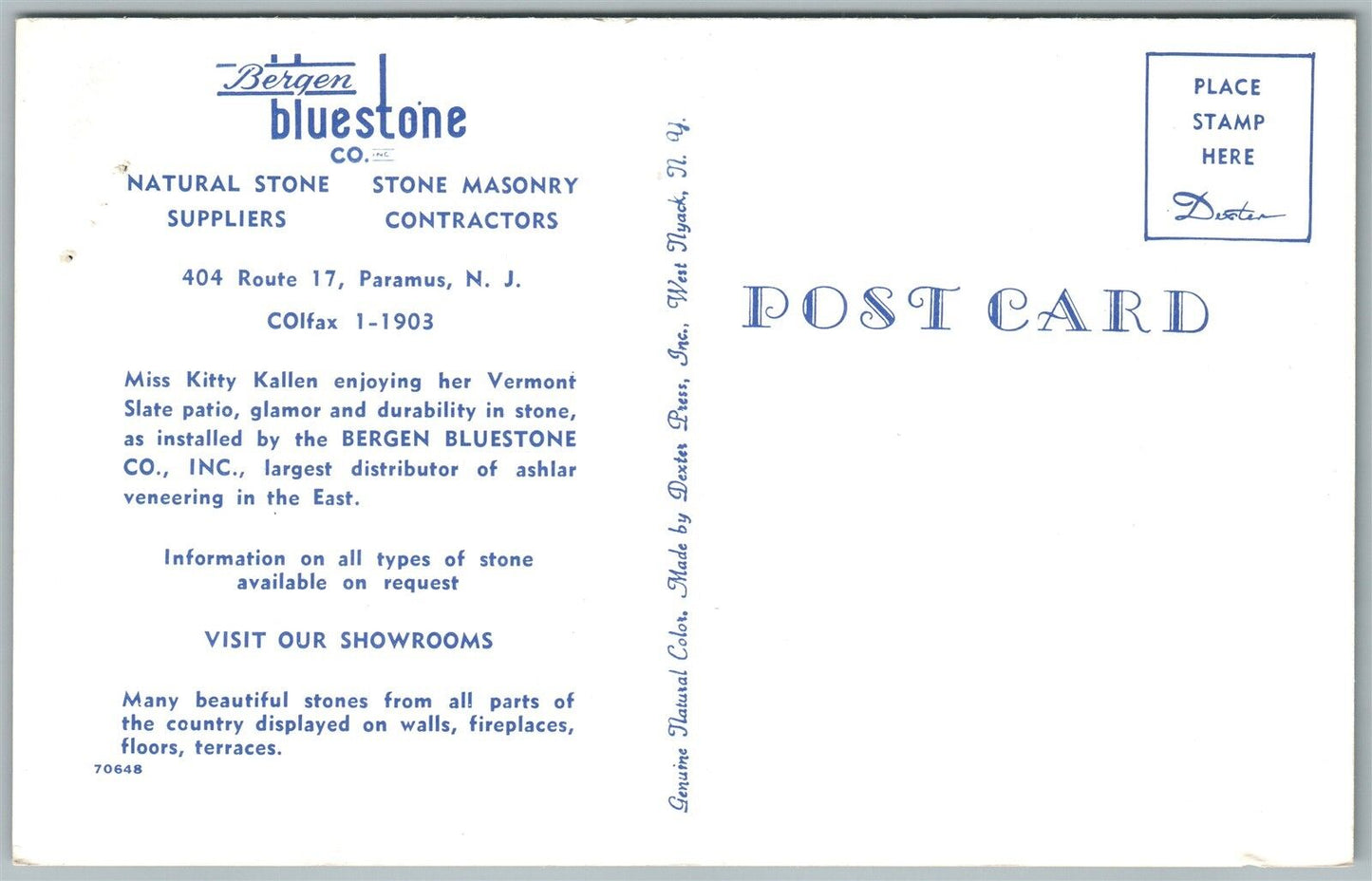 PARAMUS NJ BERGEN BLUE STONE ADVERTISING VINTAGE POSTCARD