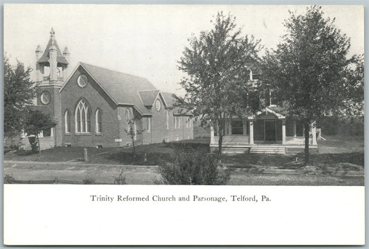 TELFORD PA RAILROAD TRAIN STATION TRINITY CHURCH DOUBLE SIDED ANTIQUE POSTCARD