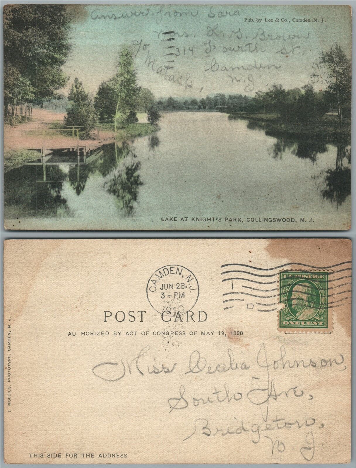 COLLINGSWOOD N.J. KNIGHT'S PARK LAKE 1910 UNDIVIDED ANTIQUE POSTCARD