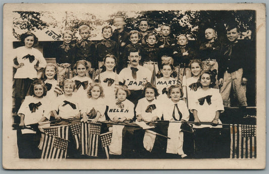 PATRIOTIC KIDS w/ AMERICAN FLAGS ANTIQUE REAL PHOTO POSTCARD RPPC